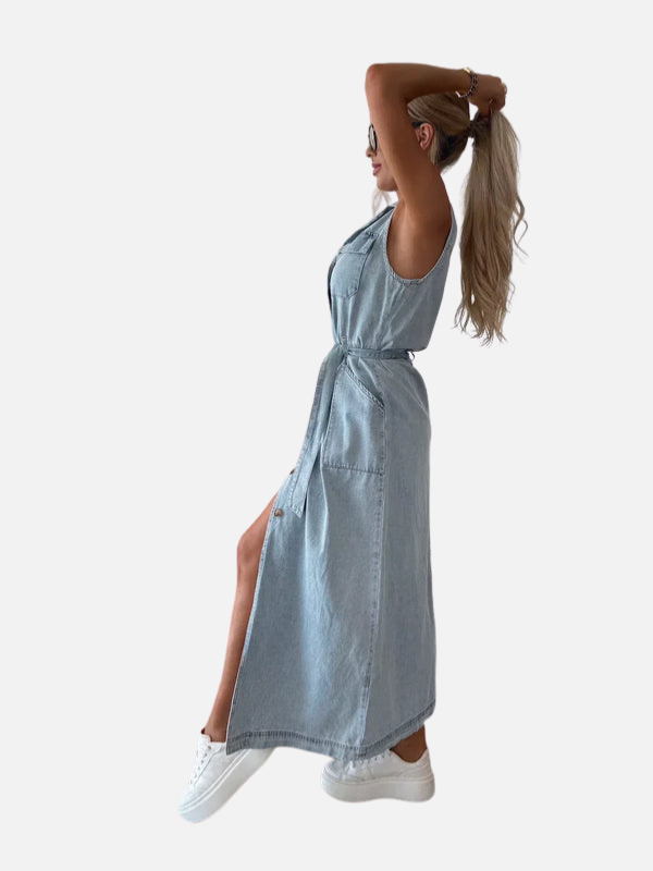 Sanne | Mouwloze Denim Jurk met Split
