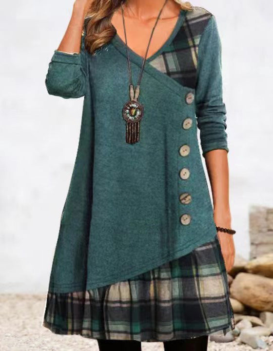 Asymmetrische V-hals jurk met geruite zoom voor dames