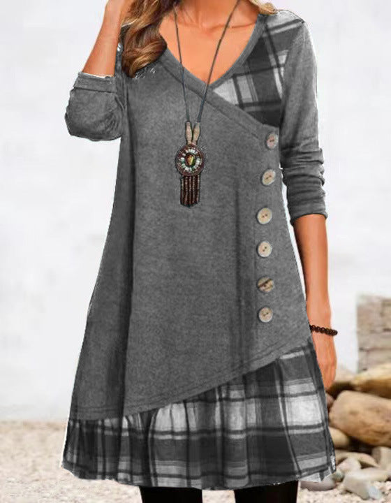 Asymmetrische V-hals jurk met geruite zoom voor dames