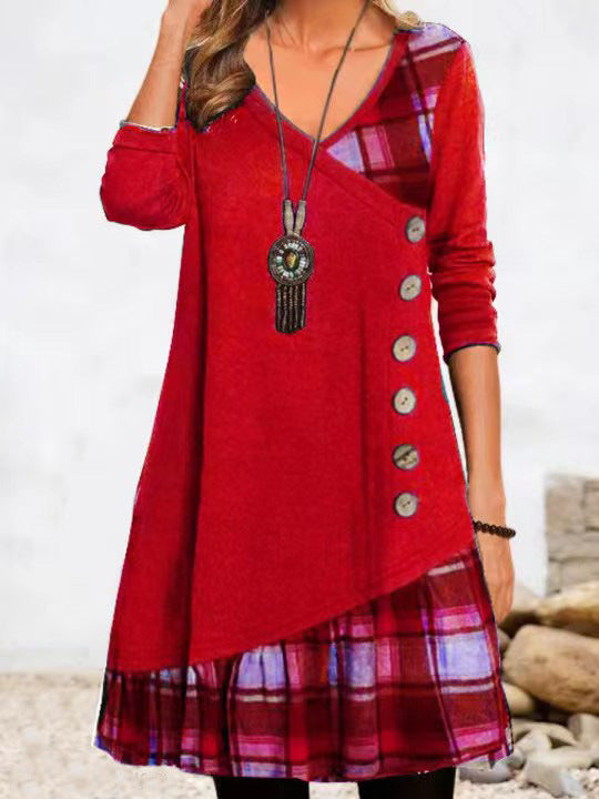 Asymmetrische V-hals jurk met geruite zoom voor dames