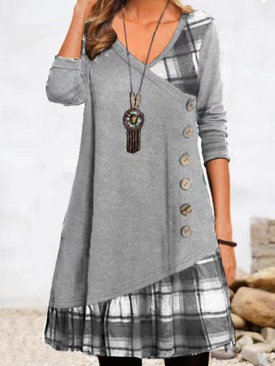 Asymmetrische V-hals jurk met geruite zoom voor dames