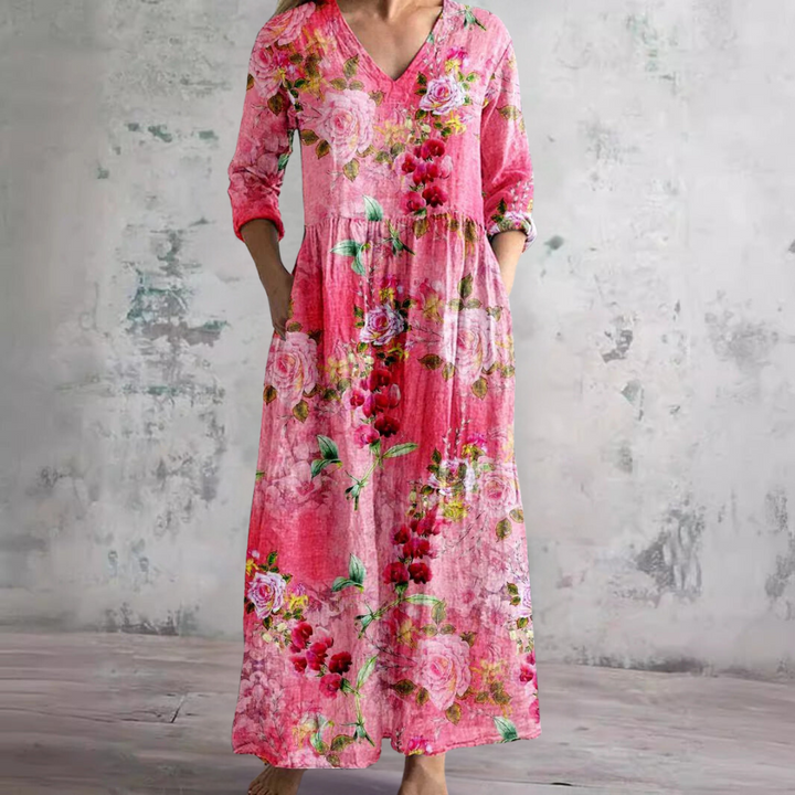 Dames Florale Maxijurk met V-hals en Lange Mouwen