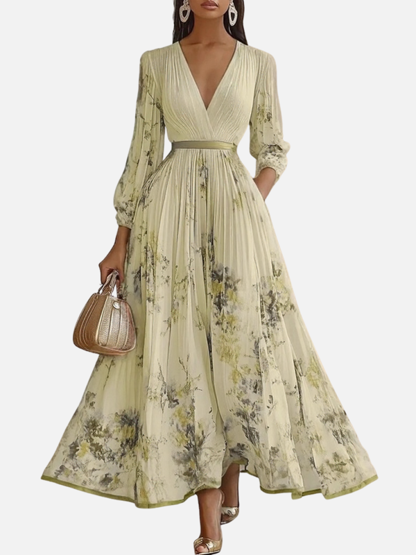 Sara | Plissé Maxi-Jurk met V-Hals
