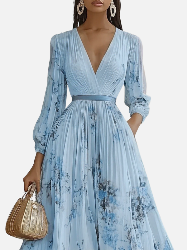 Sara | Plissé Maxi-Jurk met V-Hals