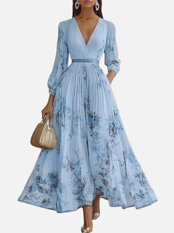 Sara | Plissé Maxi-Jurk met V-Hals