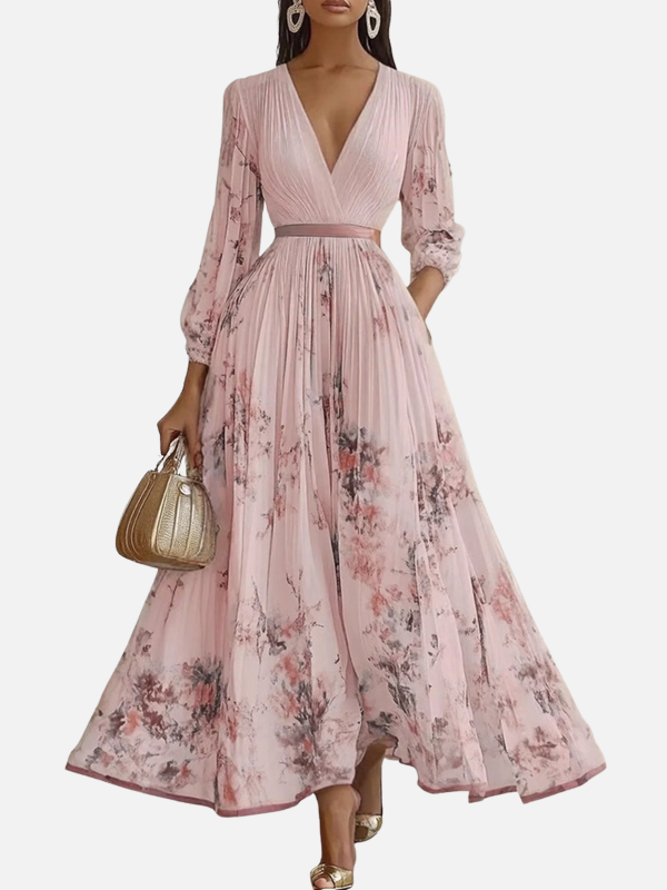 Sara | Plissé Maxi-Jurk met V-Hals