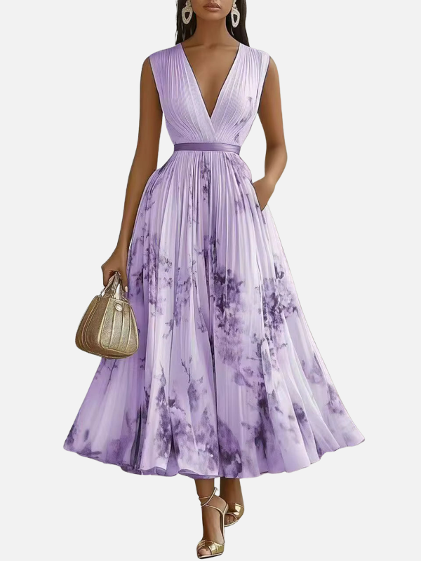Sara | Plissé Maxi-Jurk met V-Hals
