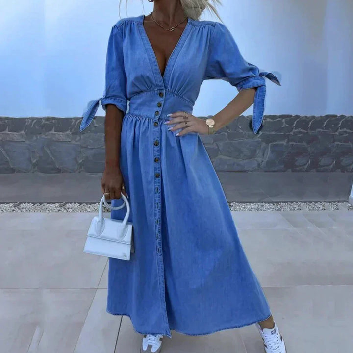Dames Langärmelig Denim-Maxikleed met V-hals en Knopsluiting