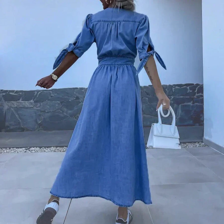 Dames Langärmelig Denim-Maxikleed met V-hals en Knopsluiting