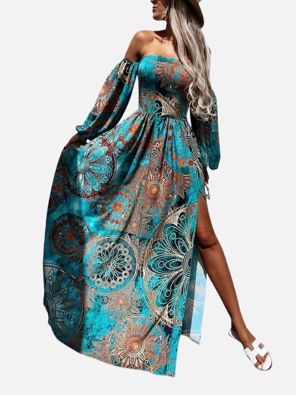 Anna | Schoudervrije Boho Maxijurk met Split