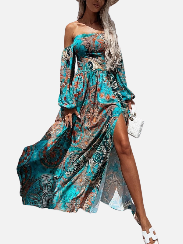 Anna | Schoudervrije Boho Maxijurk met Split