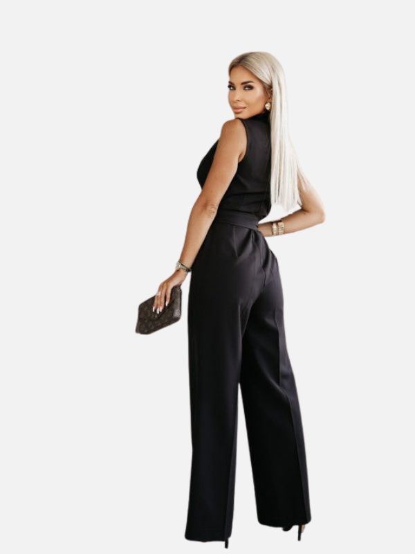 Dames Mouwloze Wikkel Jumpsuit met V-Hals en Bindceintuur