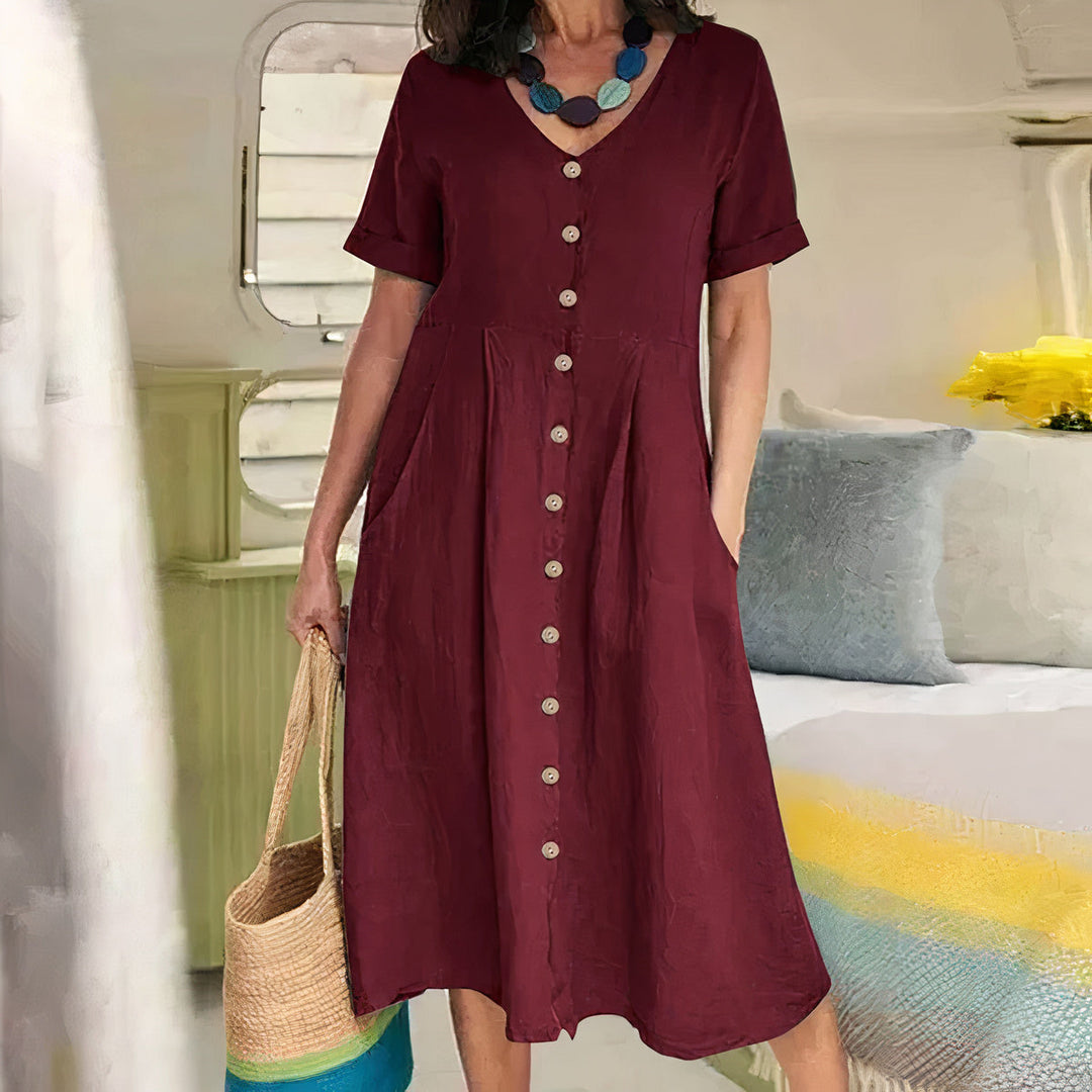 V-hals Midi-Jurk met Knopen voor Dames