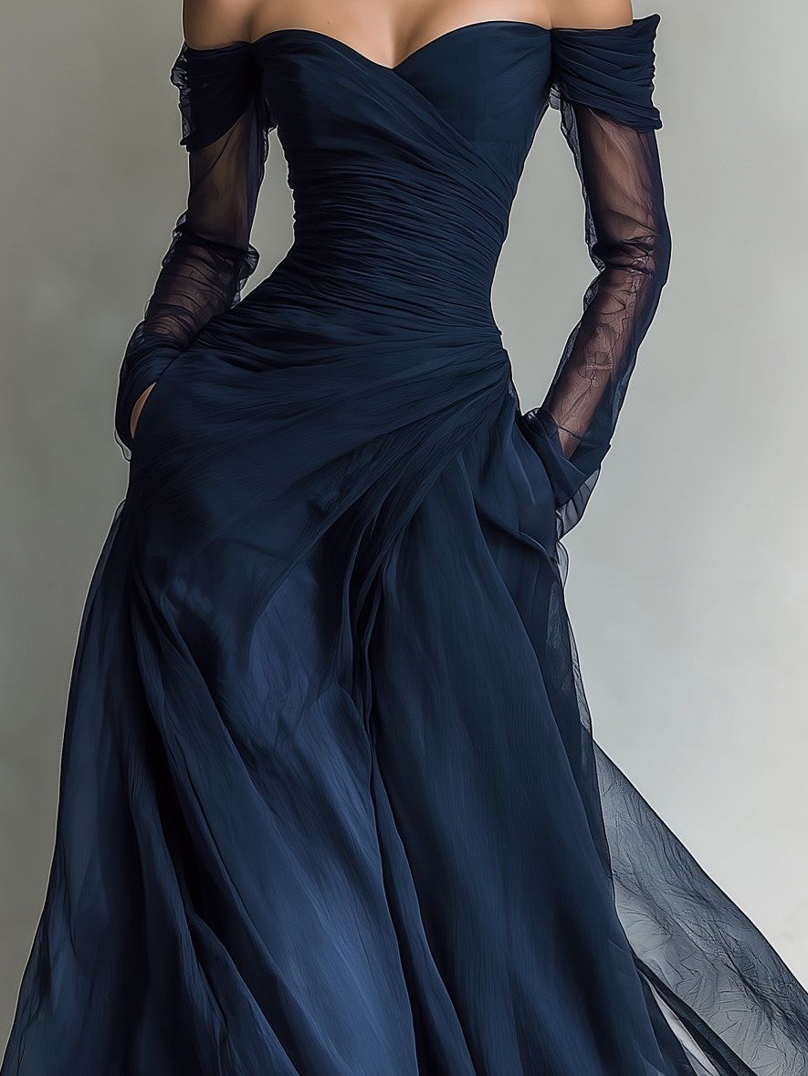 Dames Elegante Donkerblauwe Chiffon Organza Off-Shoulder Lange Mouwen Aansluitende Maxi Jurk