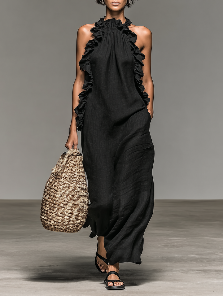 Dames Minimalistische Linnenmix Mouwloze Maxi Jurk Met Rimpeldetails