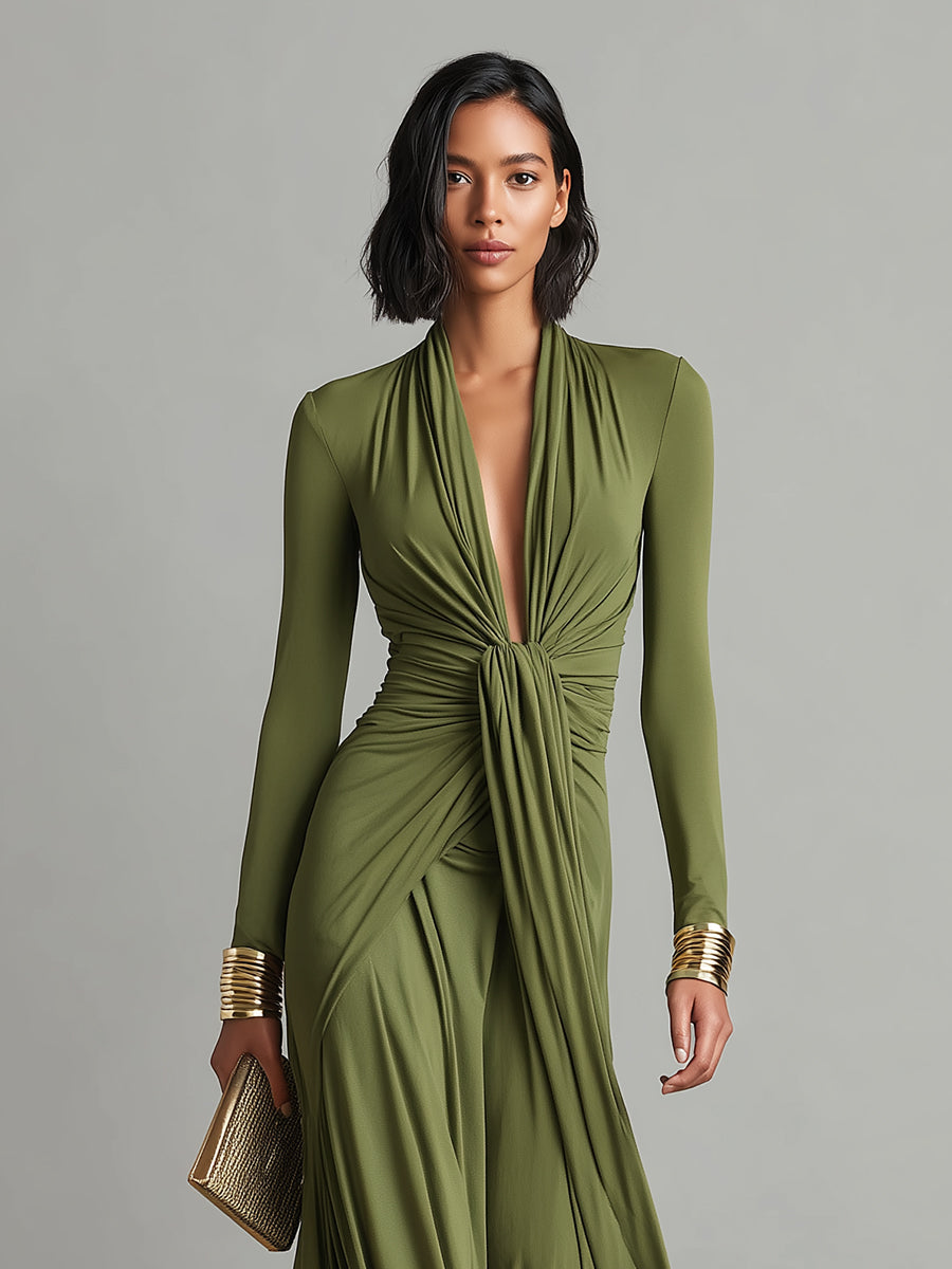 Dames Olijfgroene Zijdeachtige Rekbare Jurk Met Diepe V-hals & Rimpeldetail, Glamoureuze Maxi Jurk