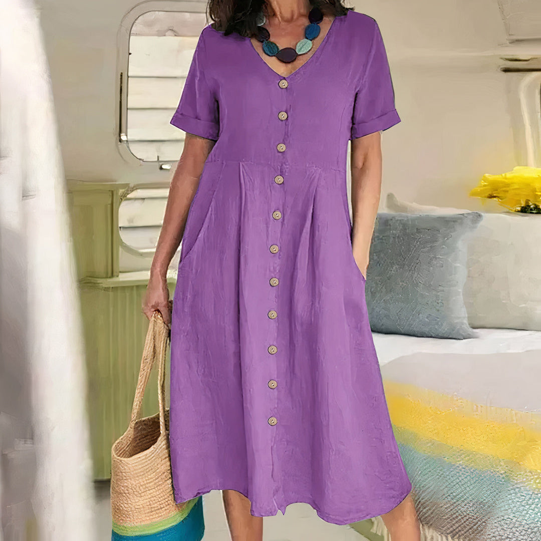 V-hals Midi-Jurk met Knopen voor Dames