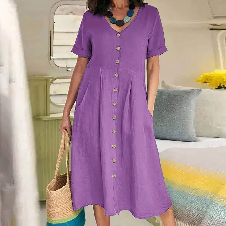 V-hals Midi-Jurk met Knopen voor Dames