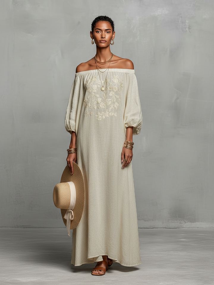 Vrouwen Minimalistische Off-shoulder Driekwart Mouw Geborduurde Maxi Jurk