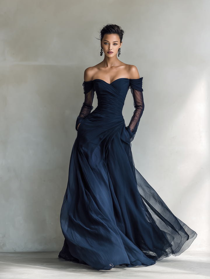 Dames Elegante Donkerblauwe Chiffon Organza Off-Shoulder Lange Mouwen Aansluitende Maxi Jurk