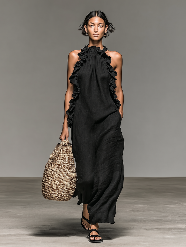 Dames Minimalistische Linnenmix Mouwloze Maxi Jurk Met Rimpeldetails