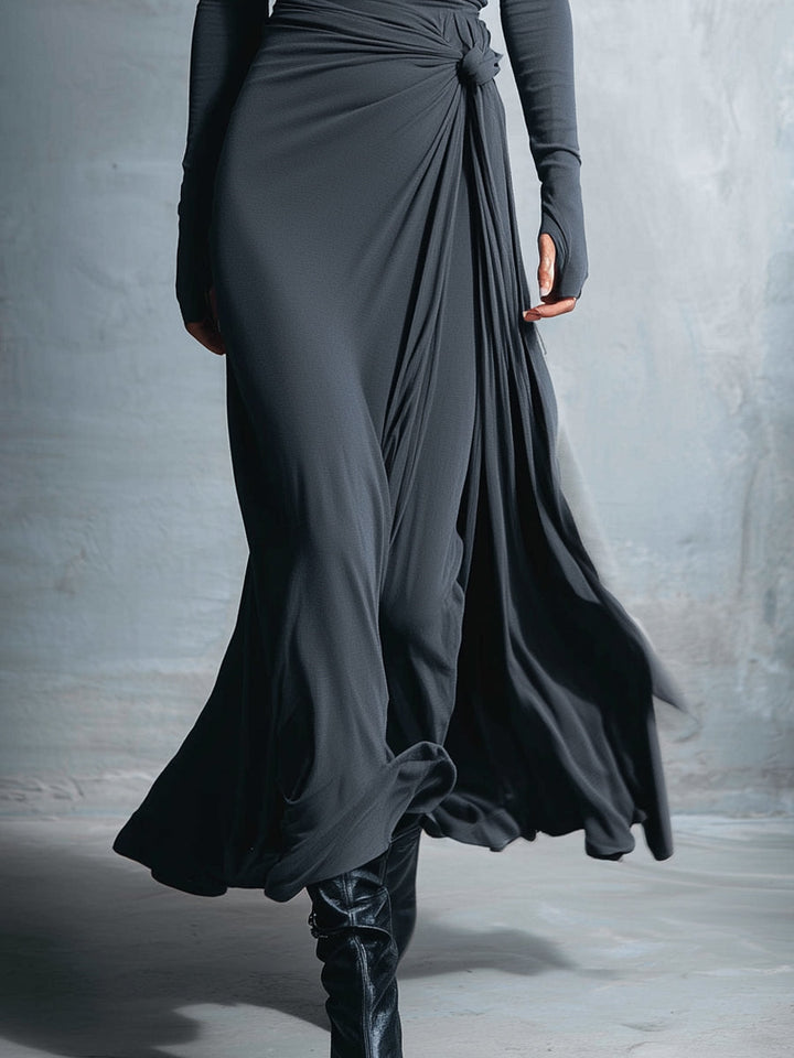 Dames Grijze Exquisite Stretch Gemengde Stof Wikkeljurk - Geknoopte Maxi Jurk