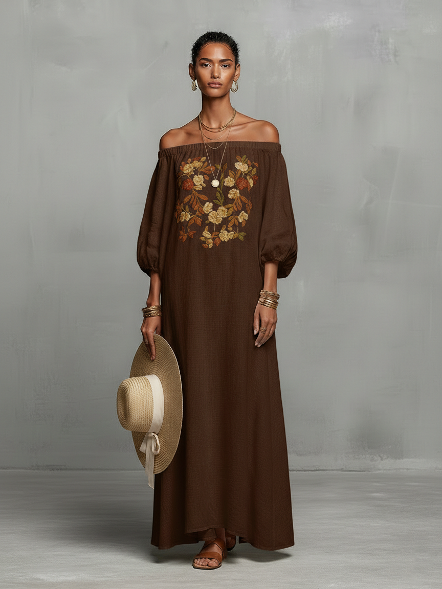 Vrouwen Minimalistische Off-shoulder Driekwart Mouw Geborduurde Maxi Jurk