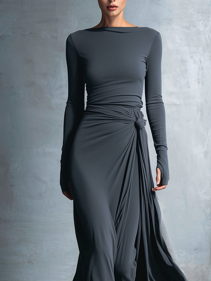 Dames Grijze Exquisite Stretch Gemengde Stof Wikkeljurk - Geknoopte Maxi Jurk