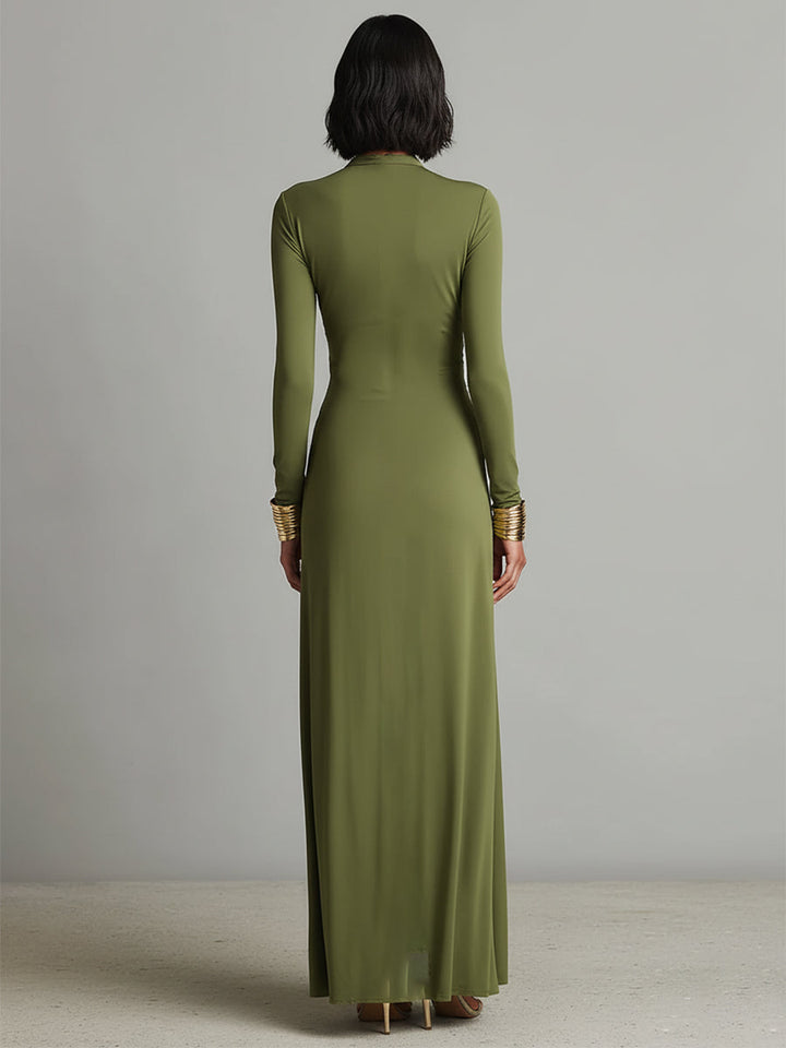 Dames Olijfgroene Zijdeachtige Rekbare Jurk Met Diepe V-hals & Rimpeldetail, Glamoureuze Maxi Jurk