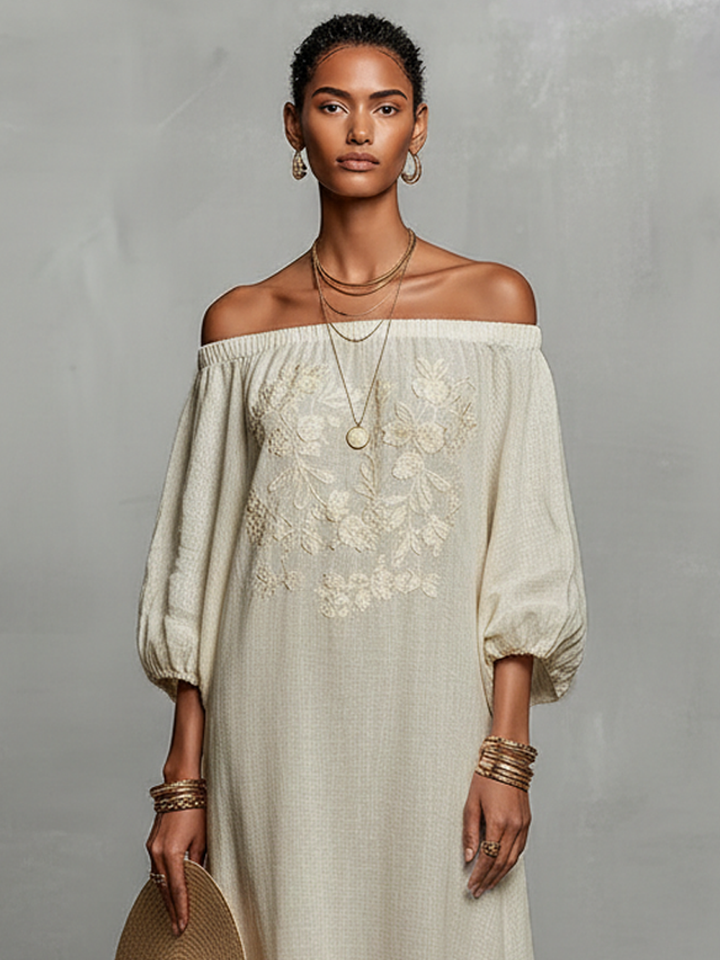 Vrouwen Minimalistische Off-shoulder Driekwart Mouw Geborduurde Maxi Jurk