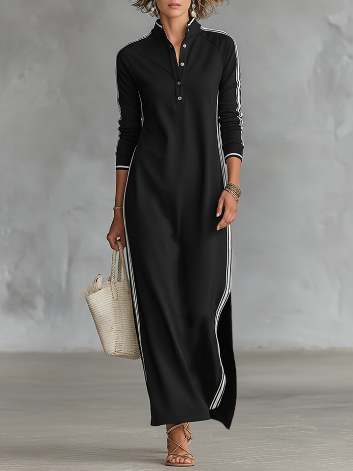 Dames Minimalistische Sweatshirt Maxi Jurk met Witte Bies en Knopenkraag