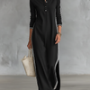 Dames Minimalistische Sweatshirt Maxi Jurk met Witte Bies en Knopenkraag