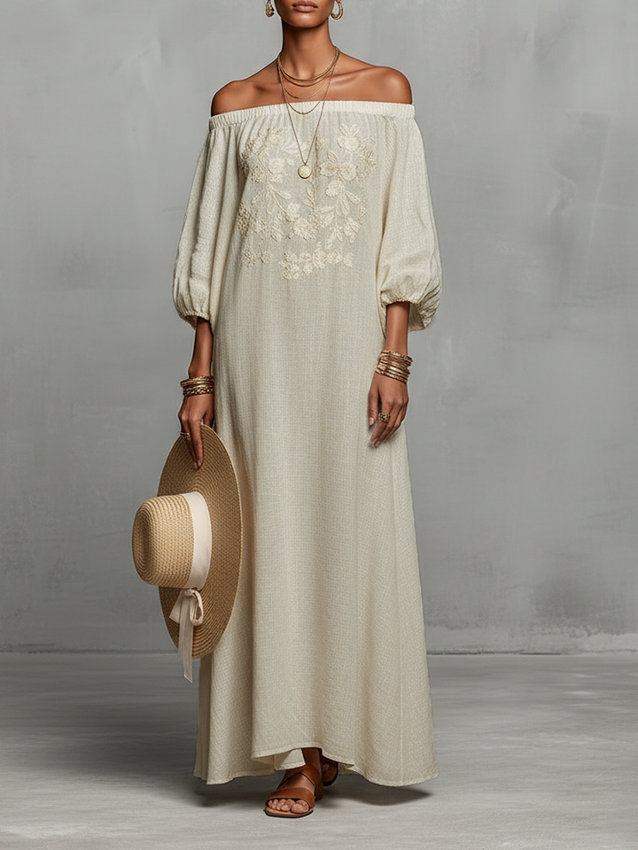 Vrouwen Minimalistische Off-shoulder Driekwart Mouw Geborduurde Maxi Jurk