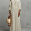 Vrouwen Minimalistische Off-shoulder Driekwart Mouw Geborduurde Maxi Jurk