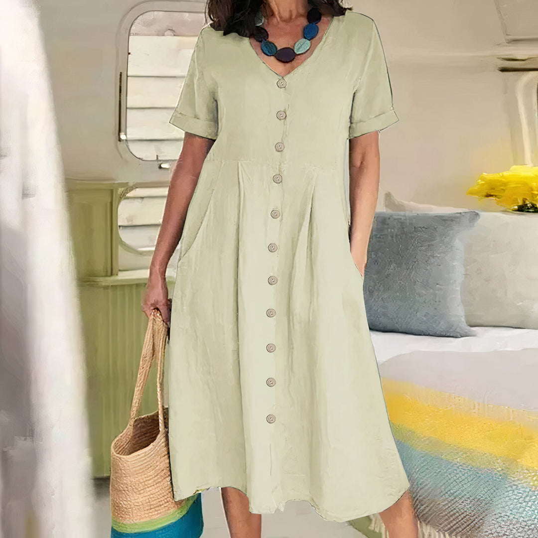 V-hals Midi-Jurk met Knopen voor Dames