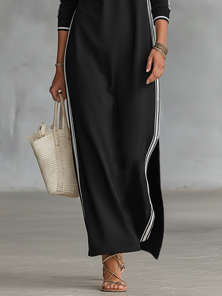 Dames Minimalistische Sweatshirt Maxi Jurk met Witte Bies en Knopenkraag