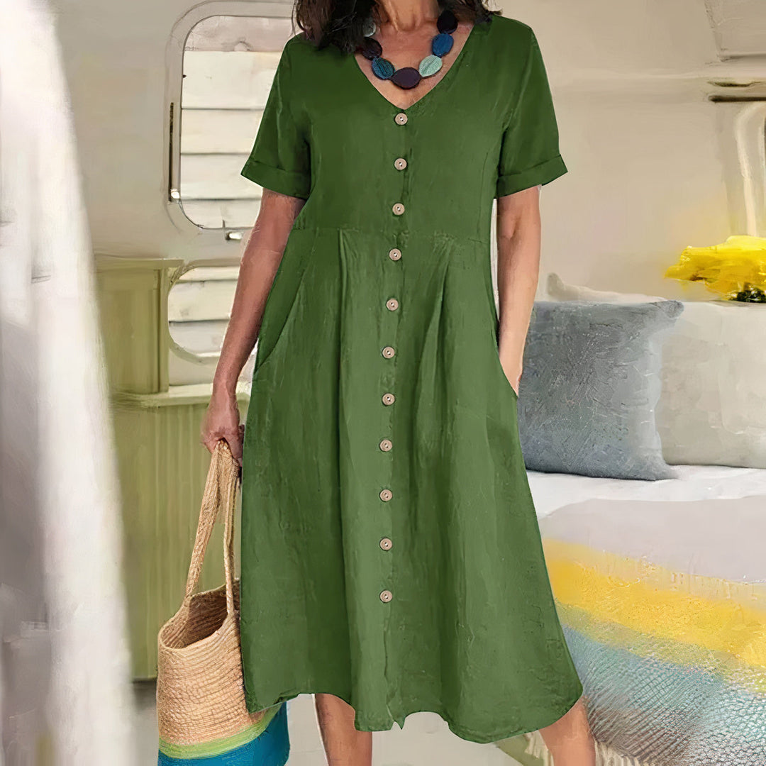 V-hals Midi-Jurk met Knopen voor Dames