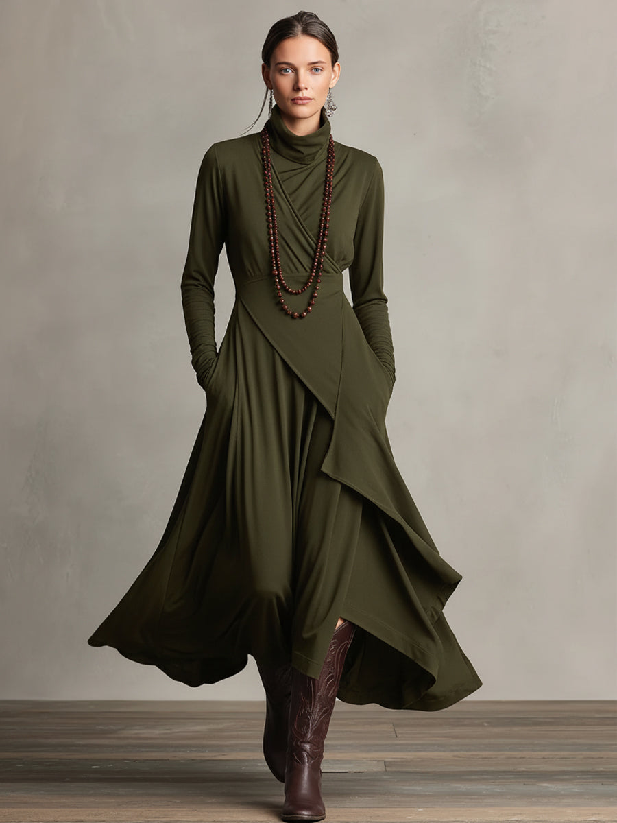 Dames Paarse Boheemse Katoenen Stretch Col Asymmetrische Geplooide Maxi Jurk