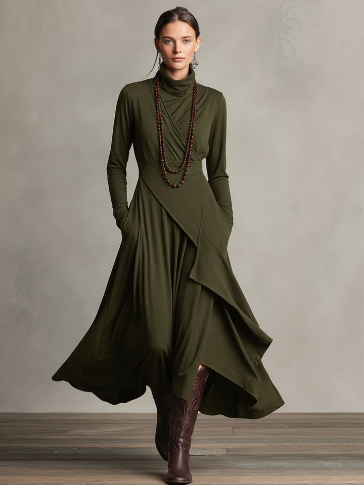 Dames Paarse Boheemse Katoenen Stretch Col Asymmetrische Geplooide Maxi Jurk