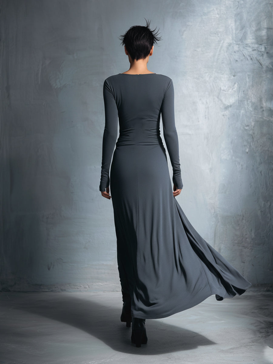 Dames Grijze Exquisite Stretch Gemengde Stof Wikkeljurk - Geknoopte Maxi Jurk
