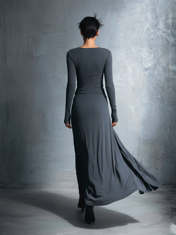 Dames Grijze Exquisite Stretch Gemengde Stof Wikkeljurk - Geknoopte Maxi Jurk