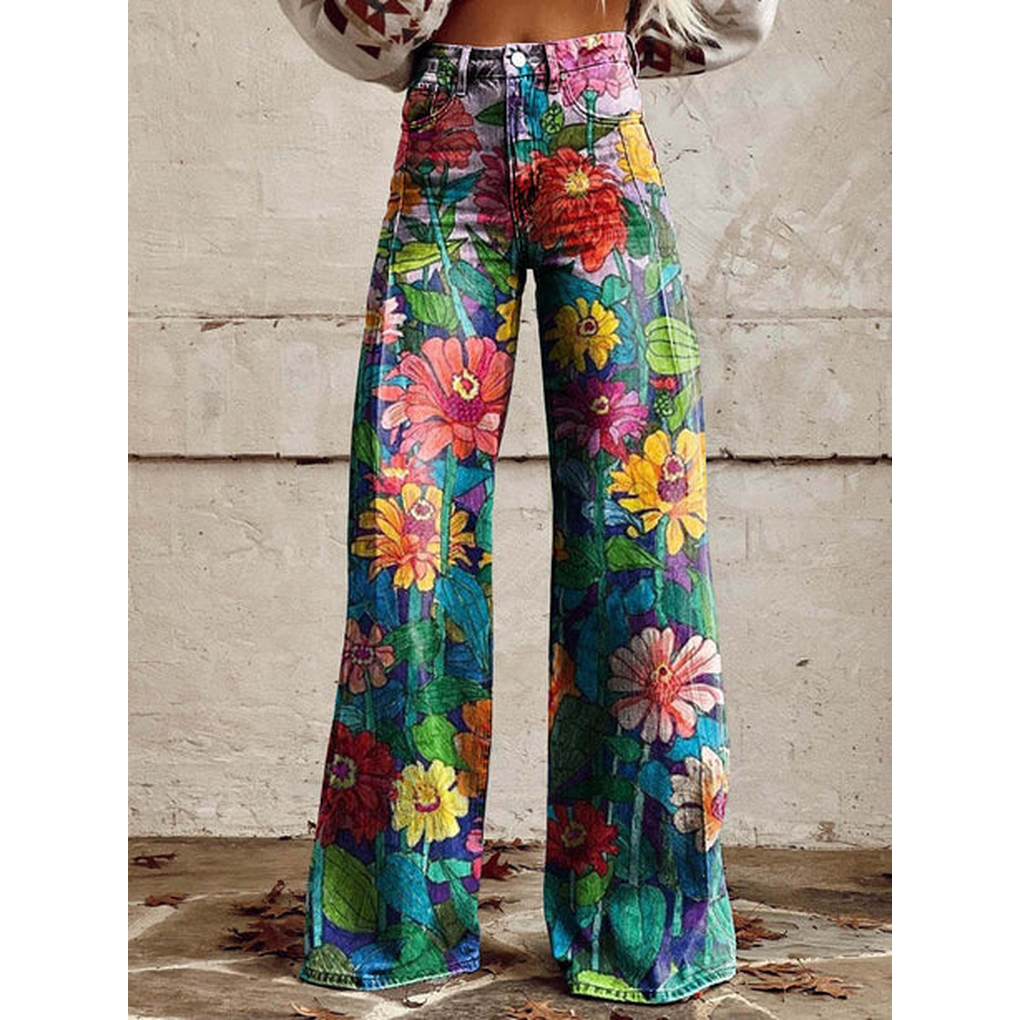 Trendy Dames Wijde Jeans met Bloemenprint en Hoge Taille