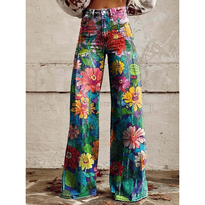 Trendy Dames Wijde Jeans met Bloemenprint en Hoge Taille
