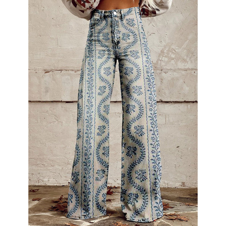 Trendy Dames Wijde Jeans met Bloemenprint en Hoge Taille