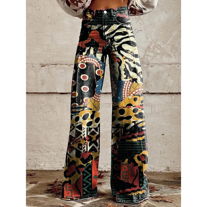Trendy Dames Wijde Jeans met Bloemenprint en Hoge Taille
