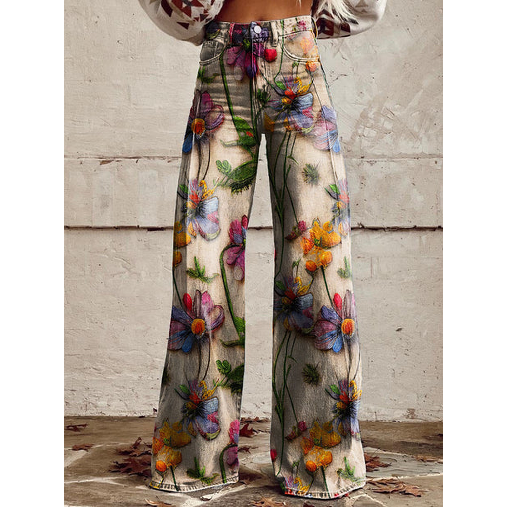 Trendy Dames Wijde Jeans met Bloemenprint en Hoge Taille