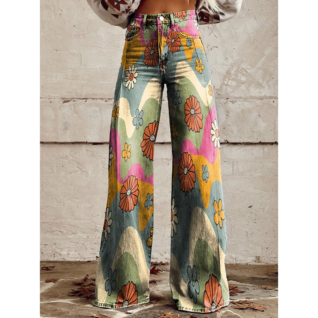 Trendy Dames Wijde Jeans met Bloemenprint en Hoge Taille