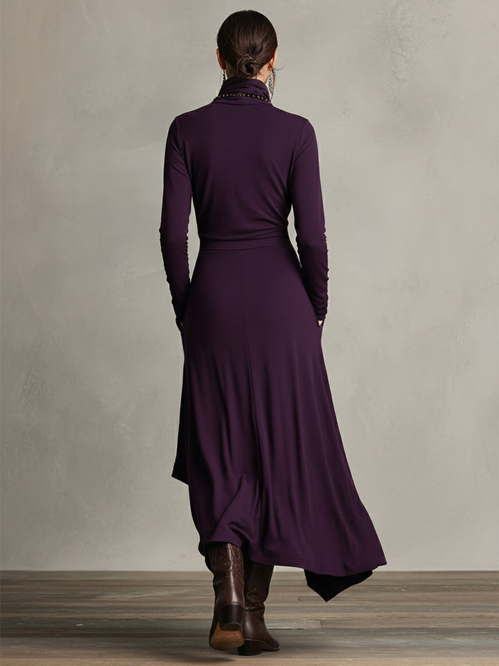 Dames Paarse Boheemse Katoenen Stretch Col Asymmetrische Geplooide Maxi Jurk