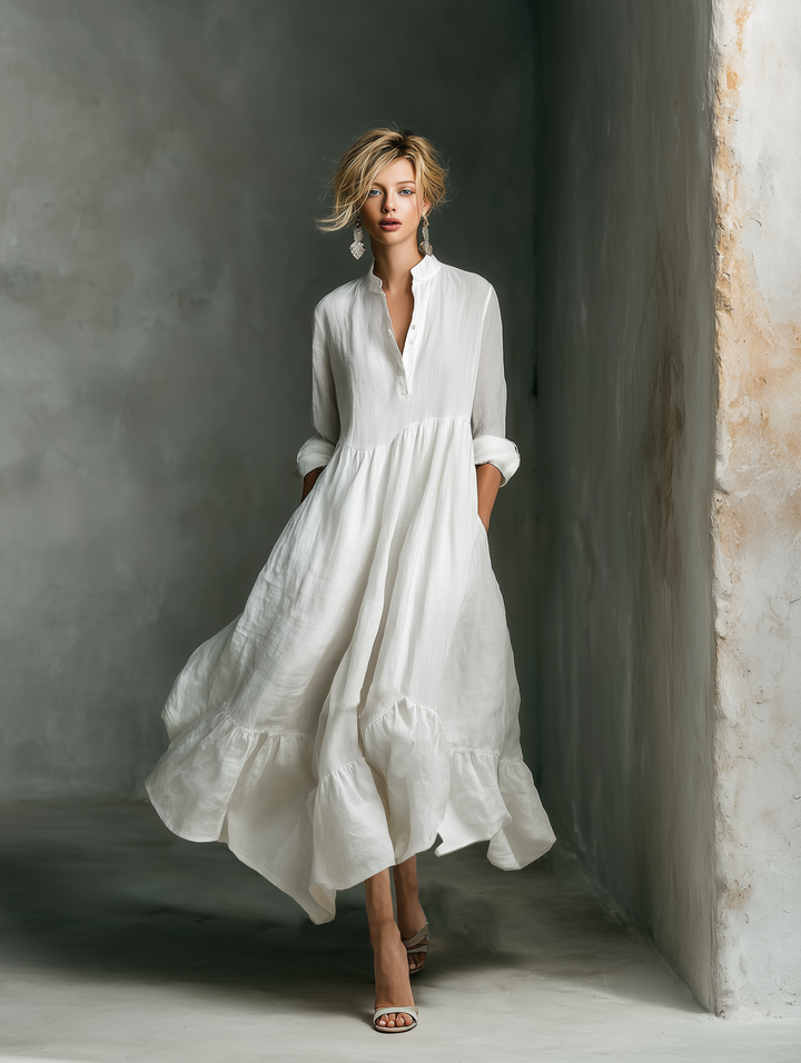 Dames Witte Lange Mouwen Rimpel Maxi Jurk