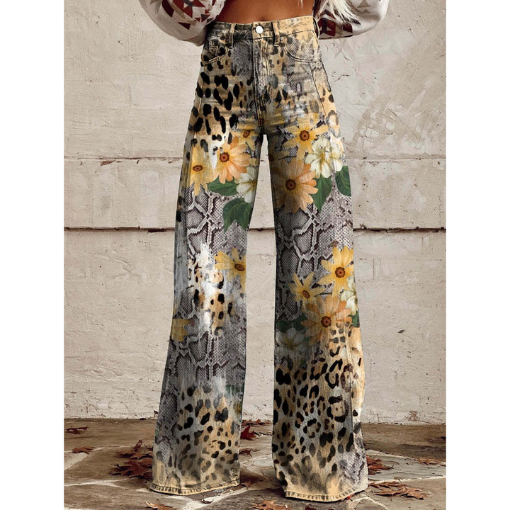 Trendy Dames Wijde Jeans met Bloemenprint en Hoge Taille